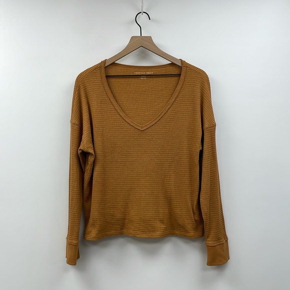 American Eagle Thermal Waffle Knit Oversized Slouchy V-Neck Shirt Brown Medium - Picture 1 of 7